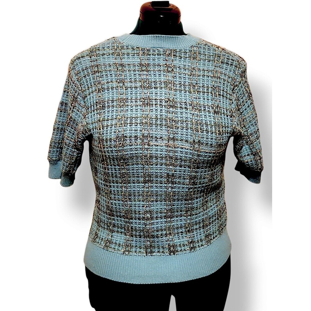 Ann Taylor Top Womens 8 Blue Boucle Plaid Cluless Boatneck Pullover Sweate…